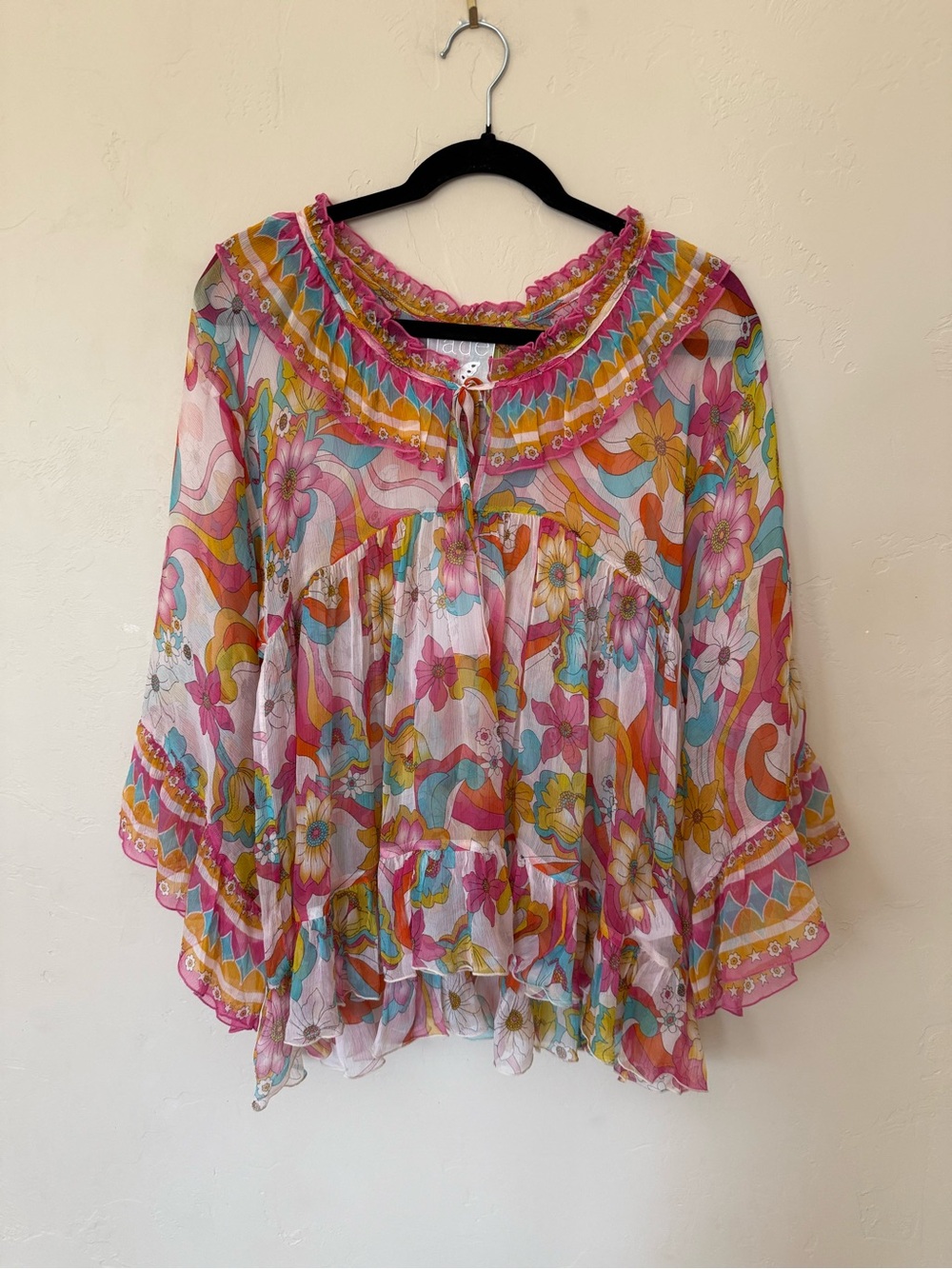 Silk Floral Boho Blouse Johnny Was Jade Gal Ruffle Tie Prismatic Dream XS - Picture 4 of 12